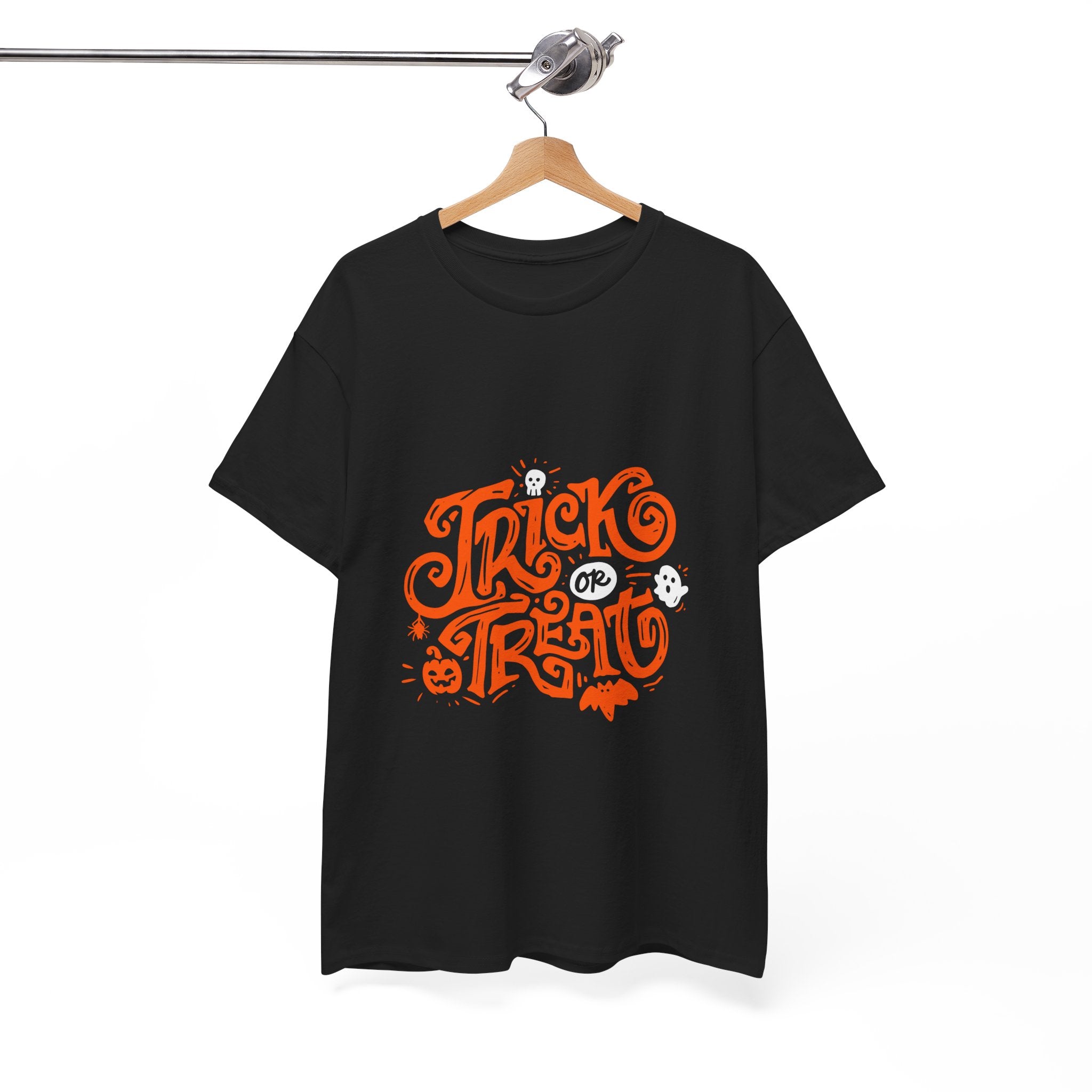 Trick or Treat Heavy Cotton Tee, Halloween Gift Shirt, Unisex Black T-Shirt, Spooky Costume Top, Fall Celebration Apparel
