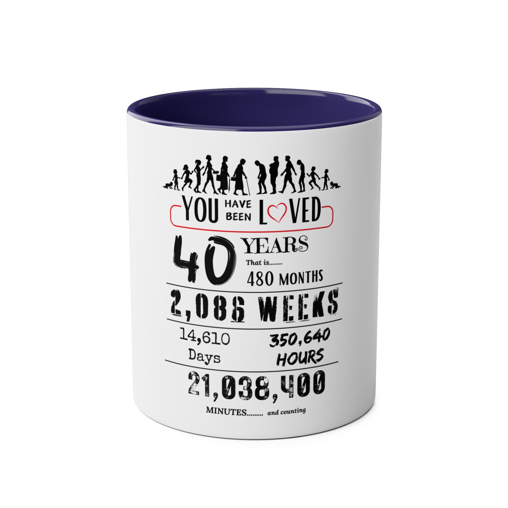 Happy 40th Birthday Gift, Mugs, 2 tone, Boys, Girls, Men, Women, Funny, Age, Facts, Years, Months, Weeks, Days, Hours, Minutes