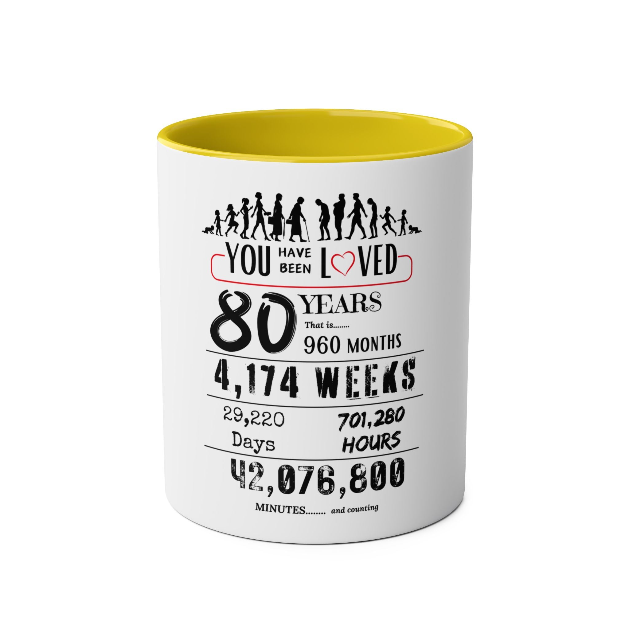 Happy 80th Birthday Gift, Mugs, 2 tone, Boys, Girls, Men, Women, Funny, Age, Facts, Years, Months, Weeks, Days, Hours, Minutes