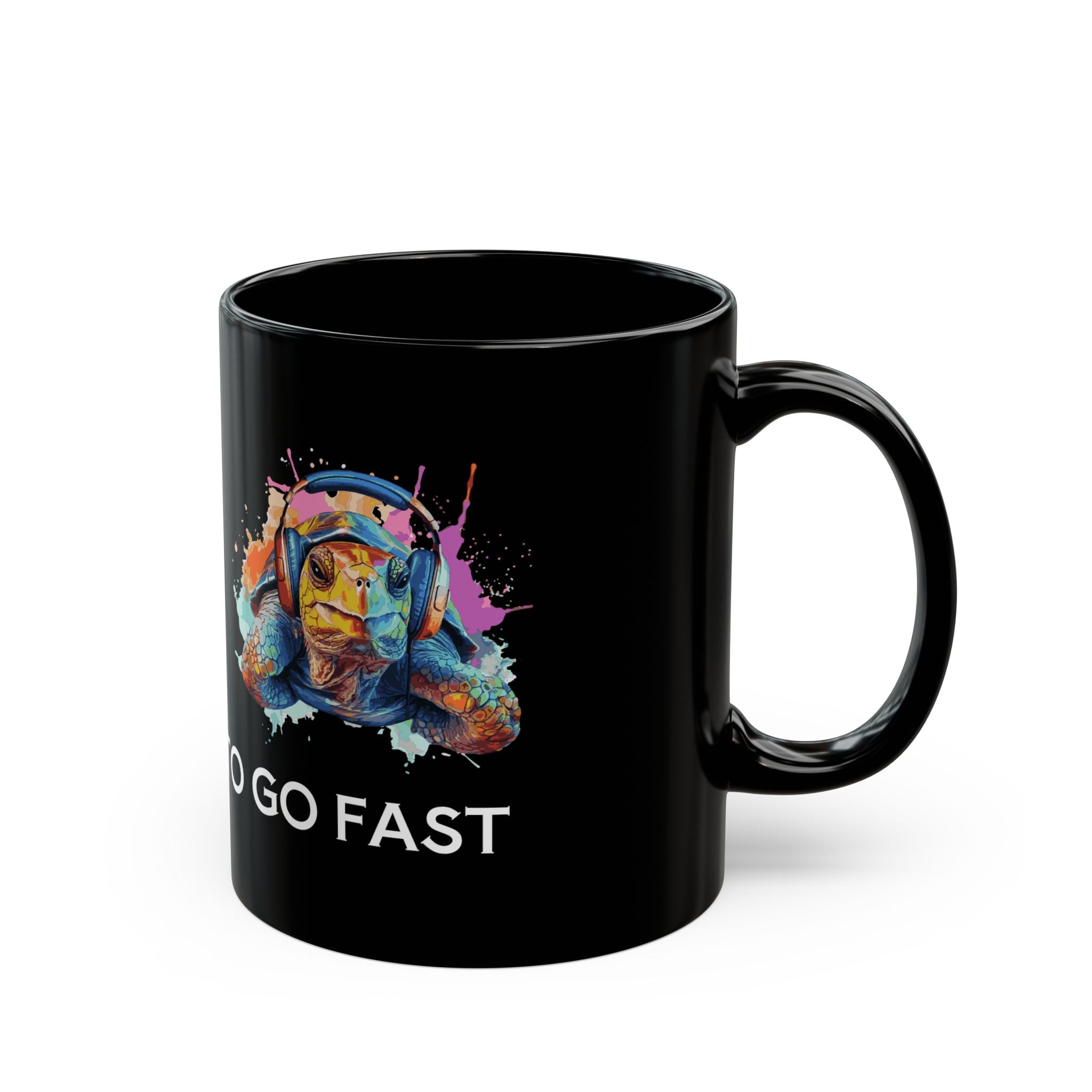 Turtle Mug — Colorful Turtle with Headphones "We Slow to Go Fast" Black Coffee Mug (11oz/15oz)