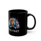 Turtle Mug — Colorful Turtle with Headphones "We Slow to Go Fast" Black Coffee Mug (11oz/15oz) - Conscience Garment