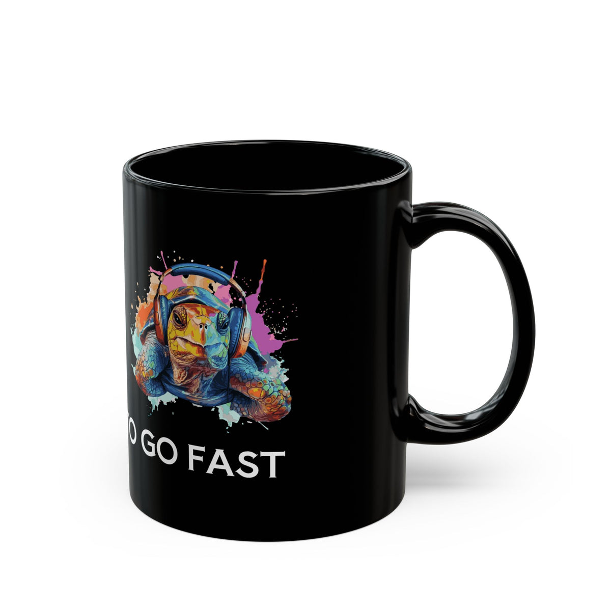 Turtle Mug — Colorful Turtle with Headphones "We Slow to Go Fast" Black Coffee Mug (11oz/15oz) - Conscience Garment