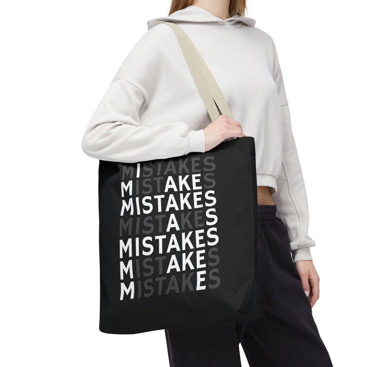 Mistakes Repeat Pattern Tote Bag — Black Typography Shopper