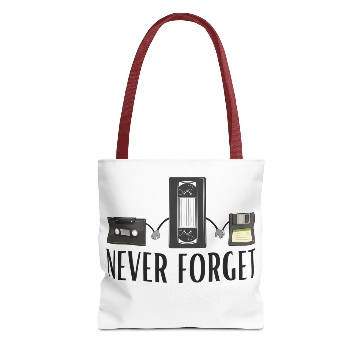 Retro Media 'Never Forget' Tote Bag — Vintage Cassette, VHS & Floppy Design