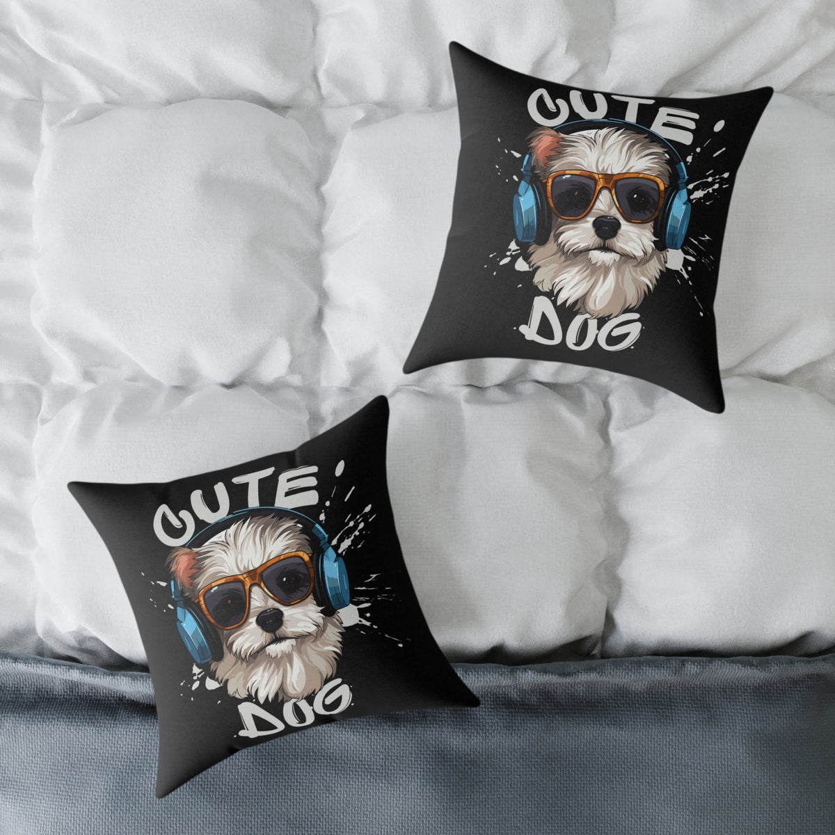 Cute Dog Headphones Square Pillow — Cool Sunglasses Pet Decor
