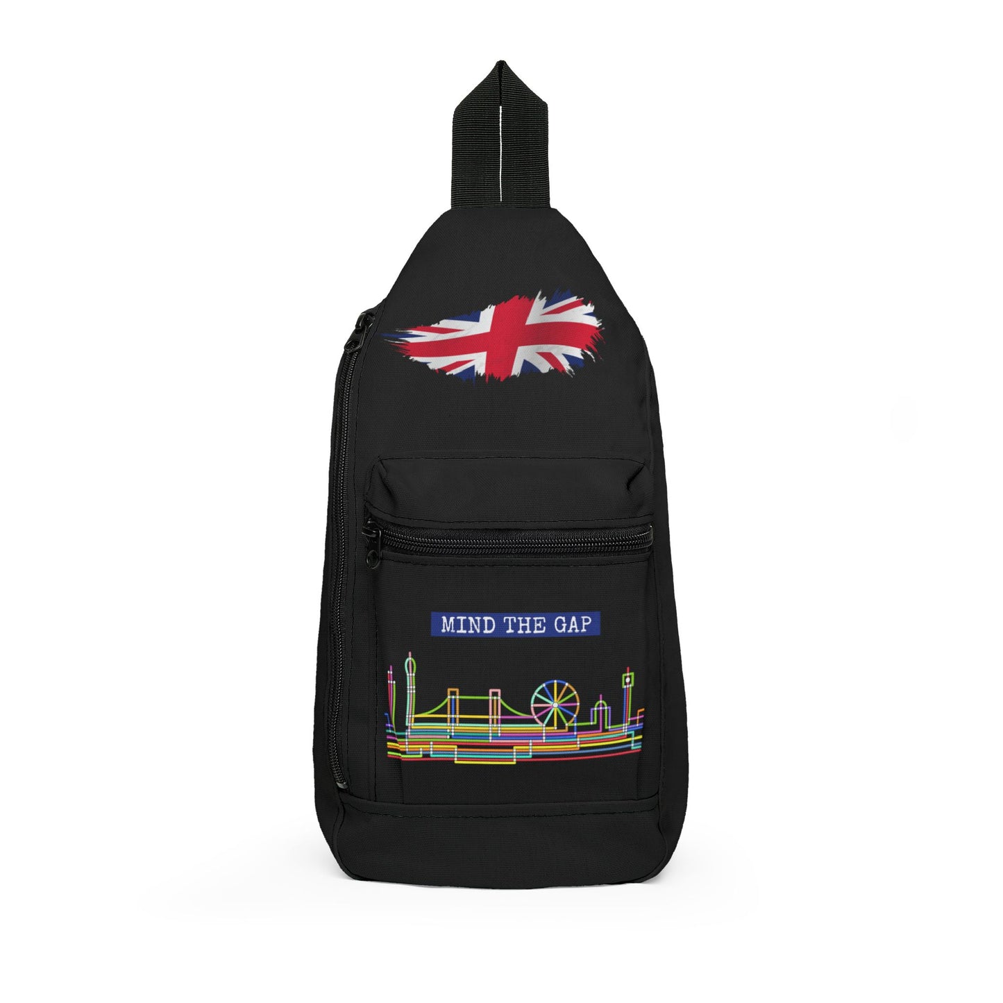 Mind the Gap London Sling Bag — Neon Skyline & Union Jack Travel Crossbody