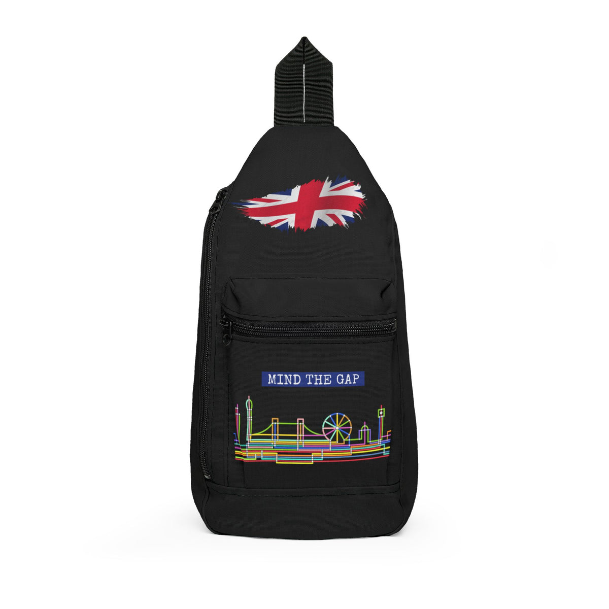 Mind the Gap London Sling Bag — Neon Skyline & Union Jack Travel Crossbody