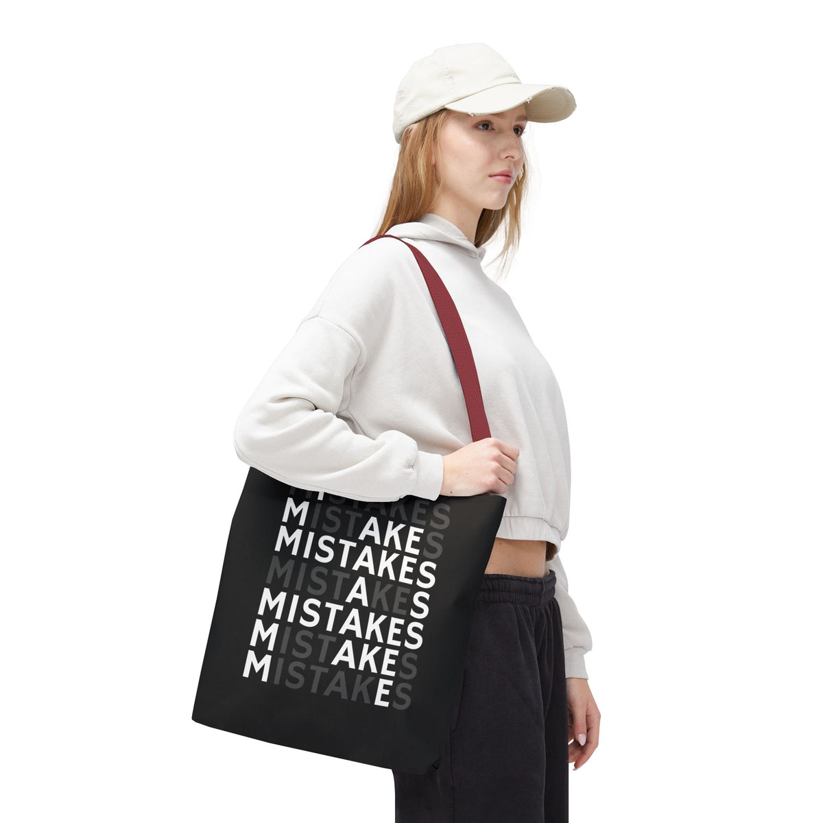 Mistakes Repeat Pattern Tote Bag — Black Typography Shopper