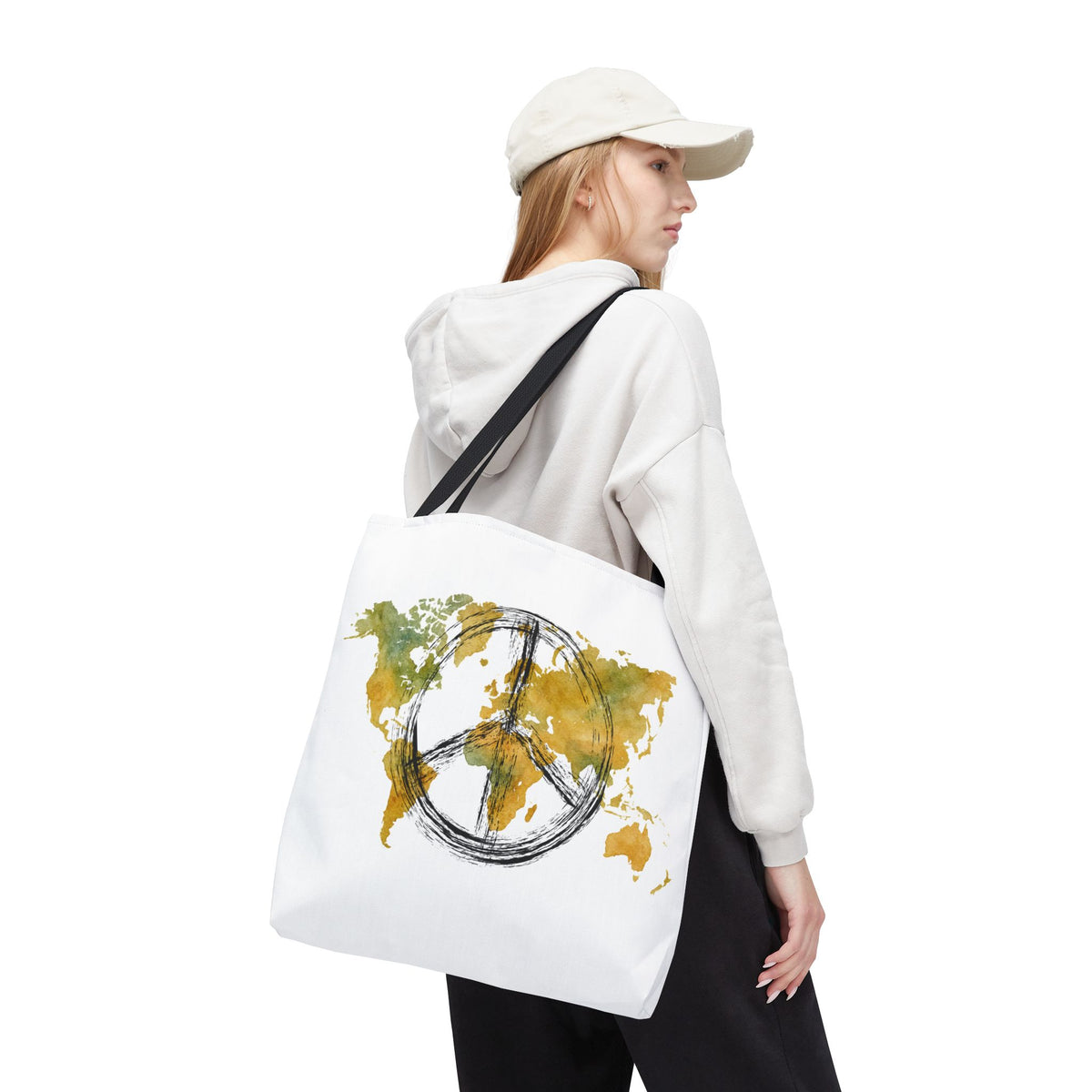 World Peace Map Tote Bag — Peace Symbol Watercolor Map Eco Shopper
