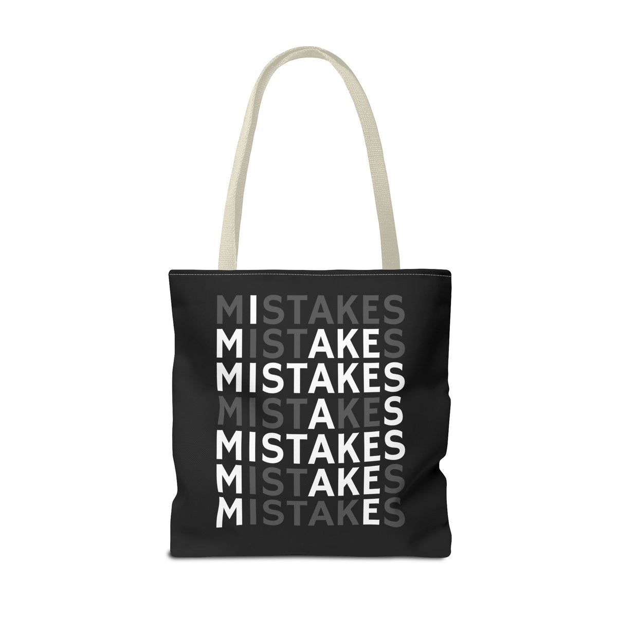 Mistakes Repeat Pattern Tote Bag — Black Typography Shopper
