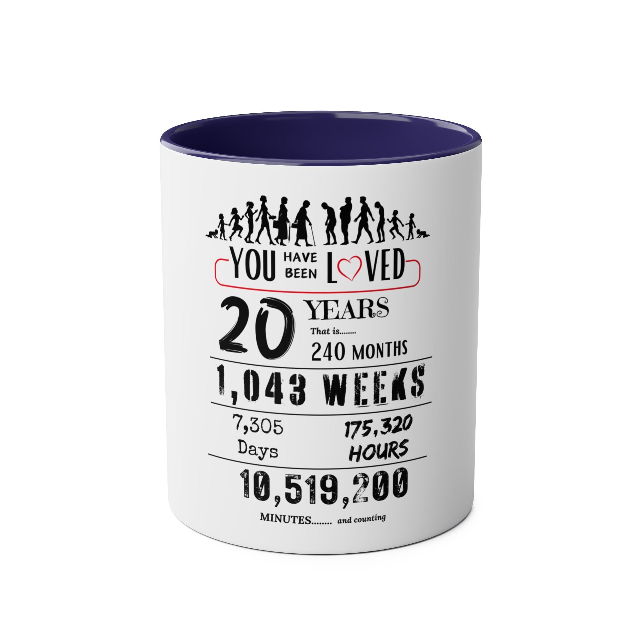 Happy 20th Birthday Gift, Mugs, 2 tone, Boys, Girls, Men, Women, Funny, Age, Facts, Years, Months, Weeks, Days, Hours, Minutes