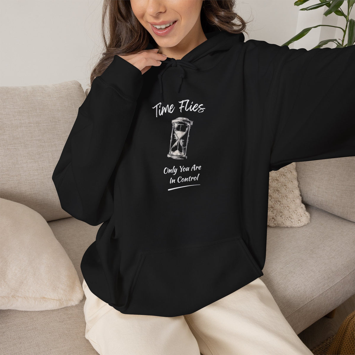 Time Flies Hoodie — "Only You Are in Control" Vintage Hourglass Pullover