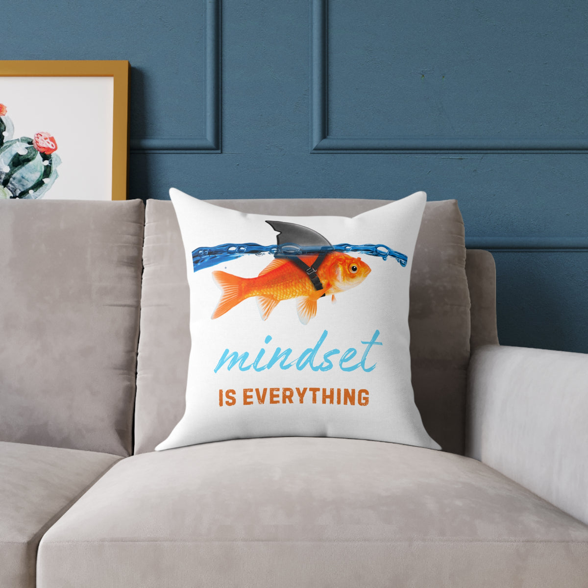 Mindset Is Everything Square Throw Pillow – Goldfish with Shark Fin Motivational Accent Pillow