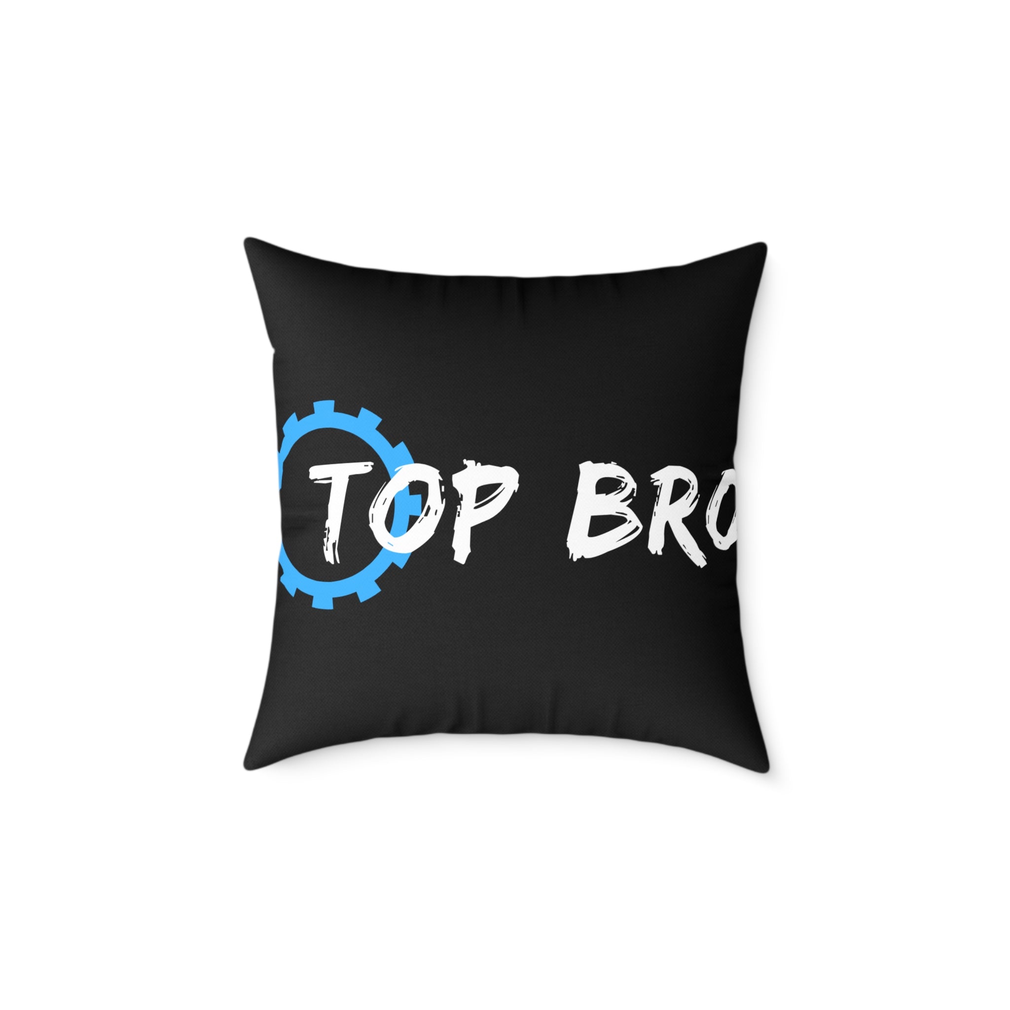 Top Bro Square Throw Pillow - Black Canvas Accent Cushion with Gear Logo