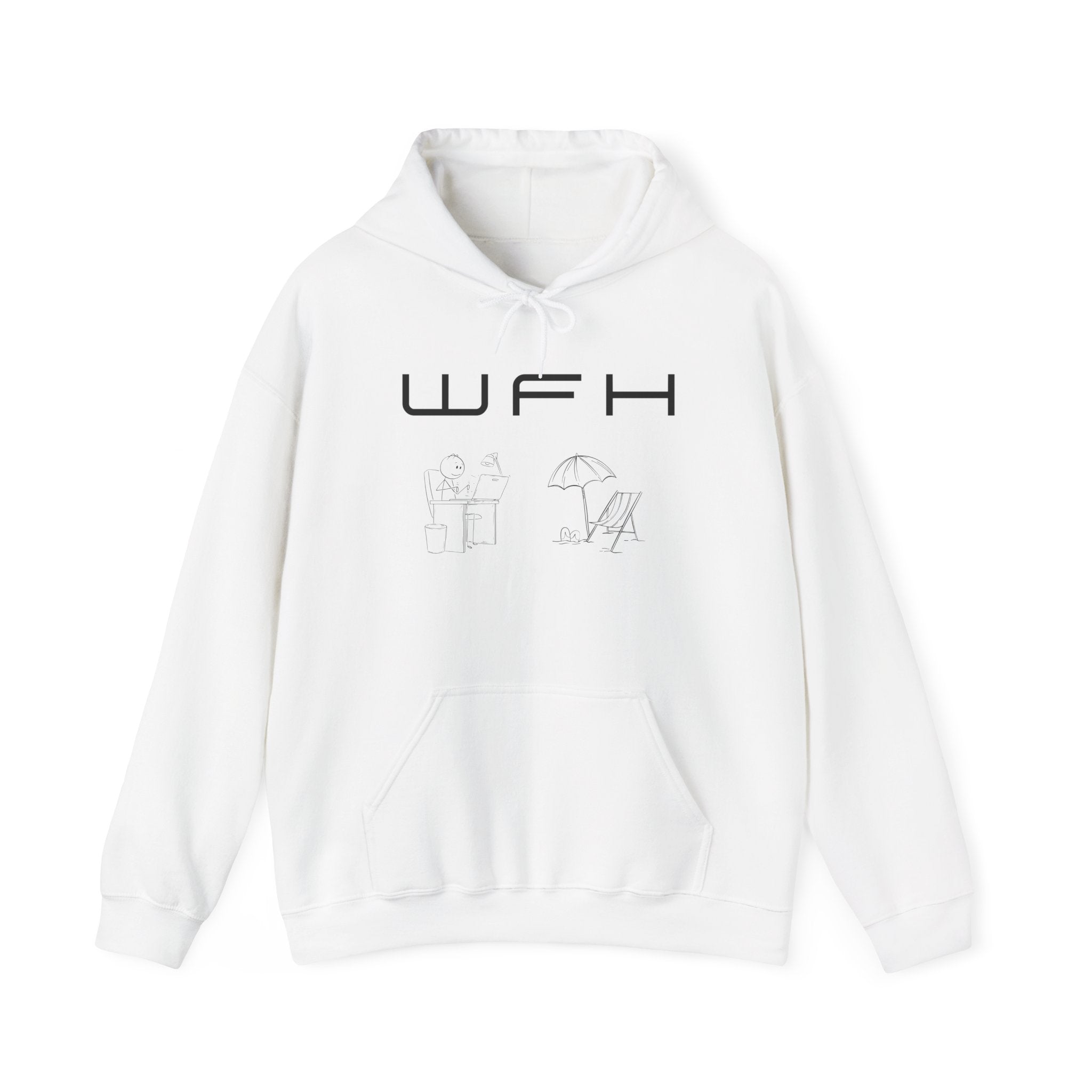 WFH Minimalist Hoodie — Work From Home Sweatshirt with Desk & Beach Icons