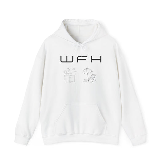 WFH Minimalist Hoodie — Work From Home Sweatshirt with Desk & Beach Icons - Conscience Garment