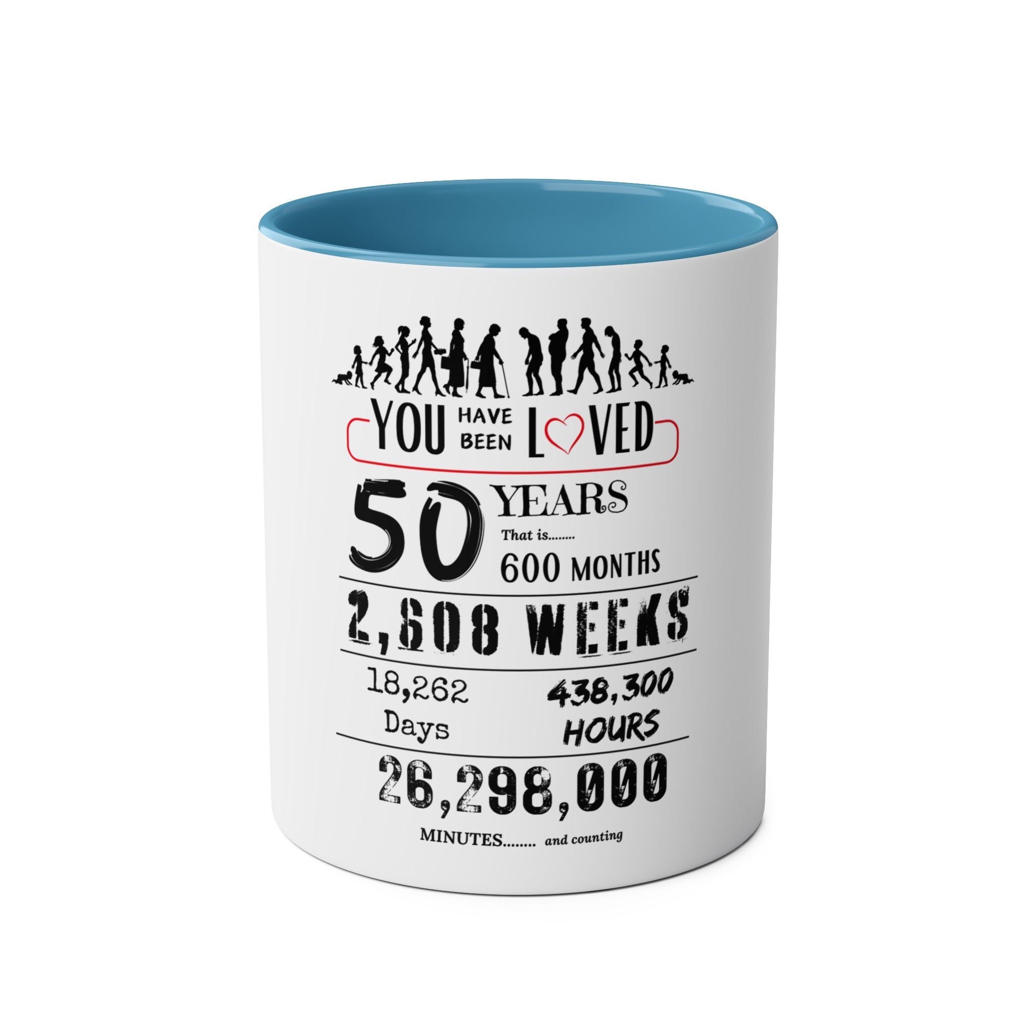 Happy 50th Birthday Gift, Mugs, 2 tone, Boys, Girls, Men, Women, Funny, Age, Facts, Years, Months, Weeks, Days, Hours, Minutes