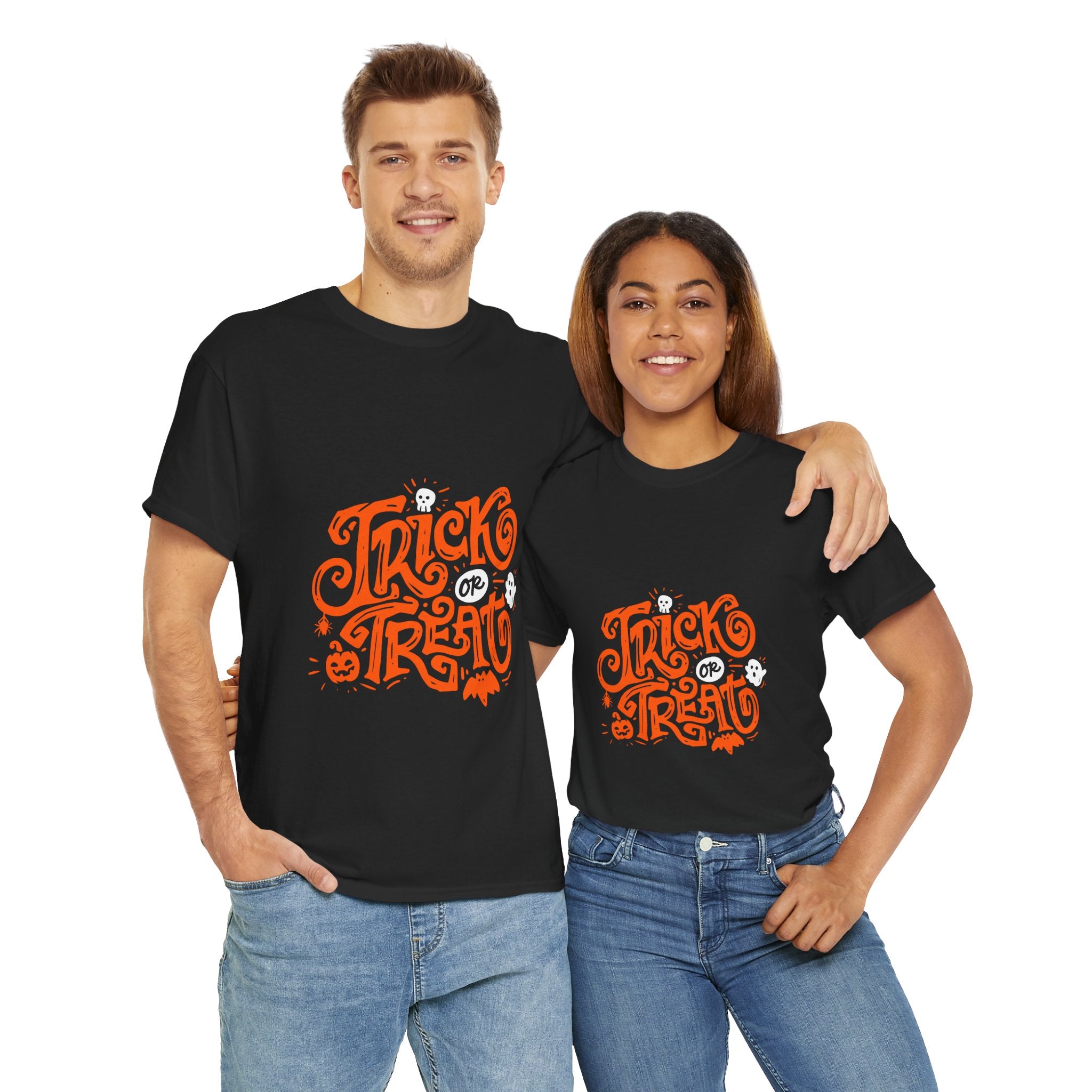 Trick or Treat Heavy Cotton Tee, Halloween Gift Shirt, Unisex Black T-Shirt, Spooky Costume Top, Fall Celebration Apparel