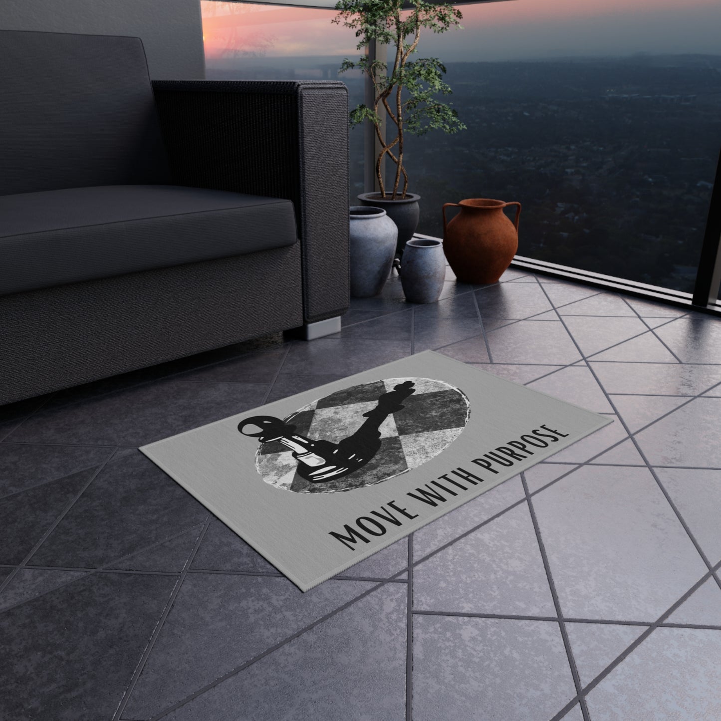 Outdoor Rug — "Move With Purpose" Chess Pawn Motivational Doormat