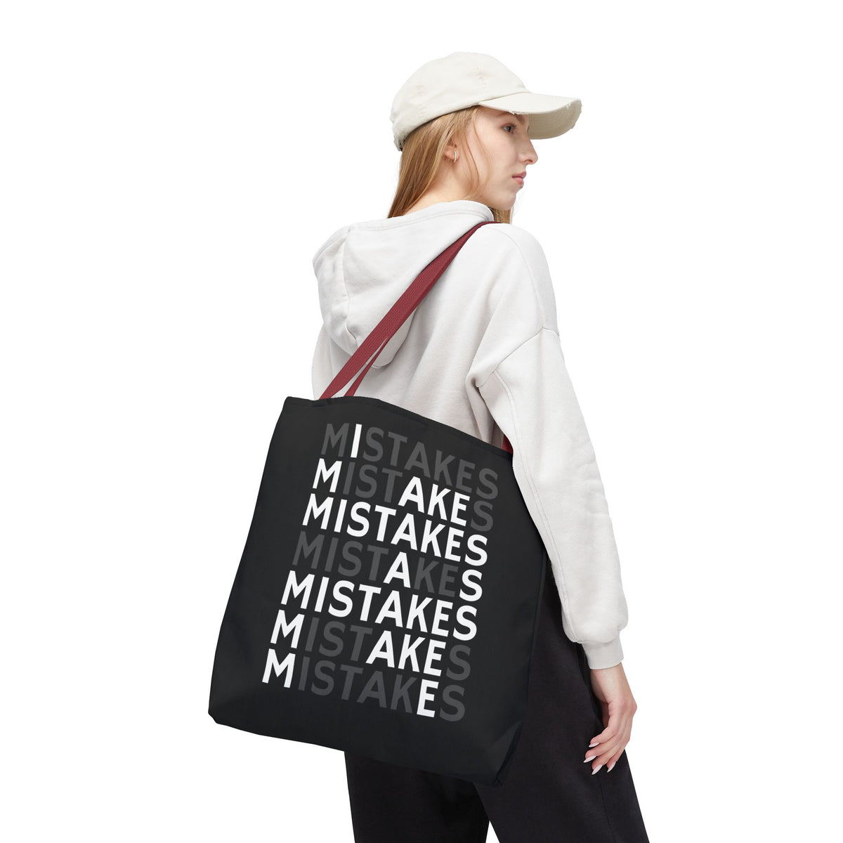 Mistakes Repeat Pattern Tote Bag — Black Typography Shopper