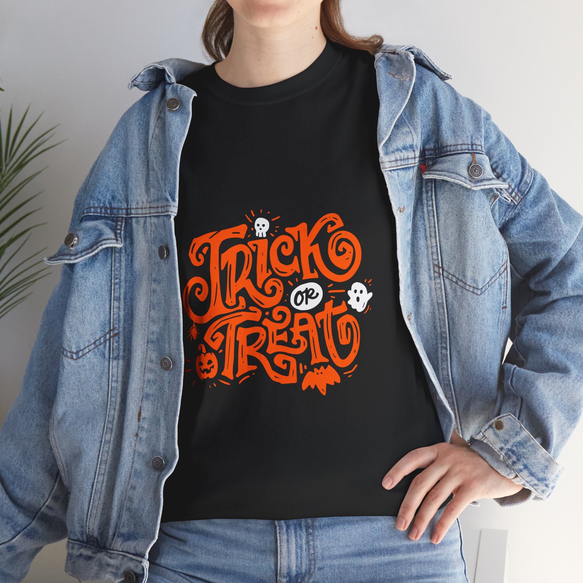 Trick or Treat Heavy Cotton Tee, Halloween Gift Shirt, Unisex Black T-Shirt, Spooky Costume Top, Fall Celebration Apparel