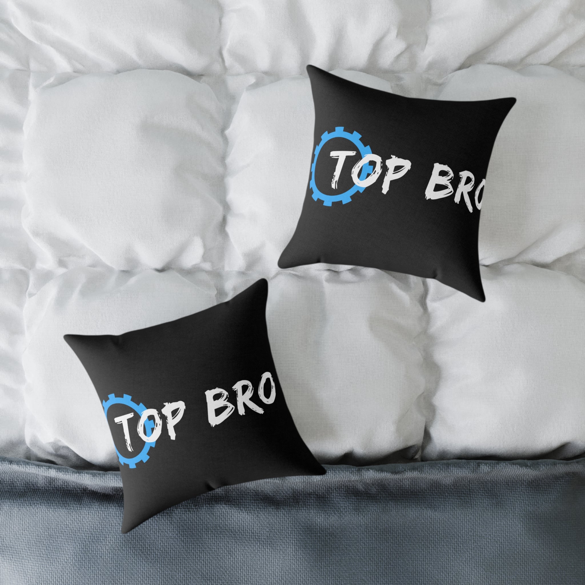 Top Bro Square Throw Pillow - Black Canvas Accent Cushion with Gear Logo