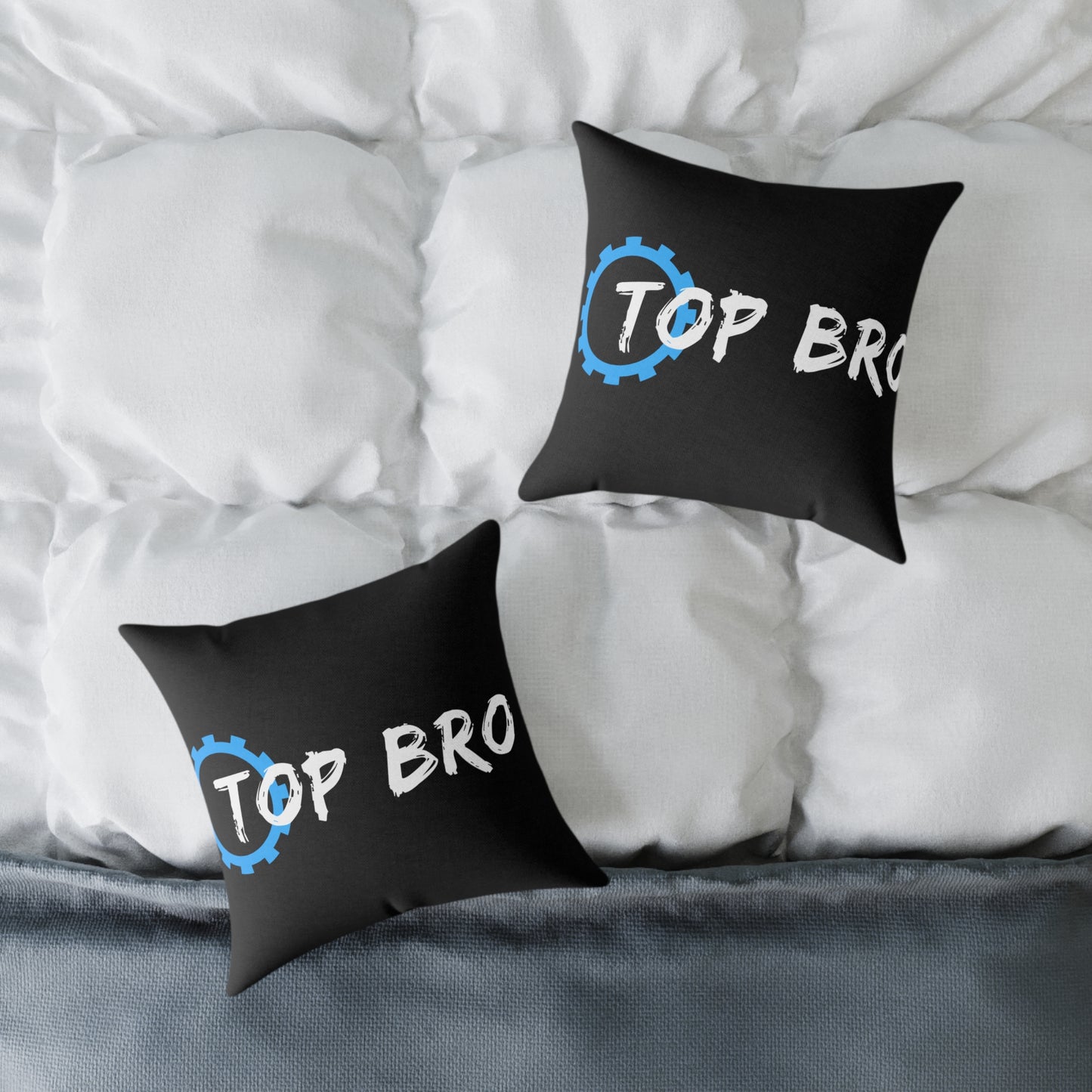 Top Bro Square Throw Pillow - Black Canvas Accent Cushion with Gear Logo