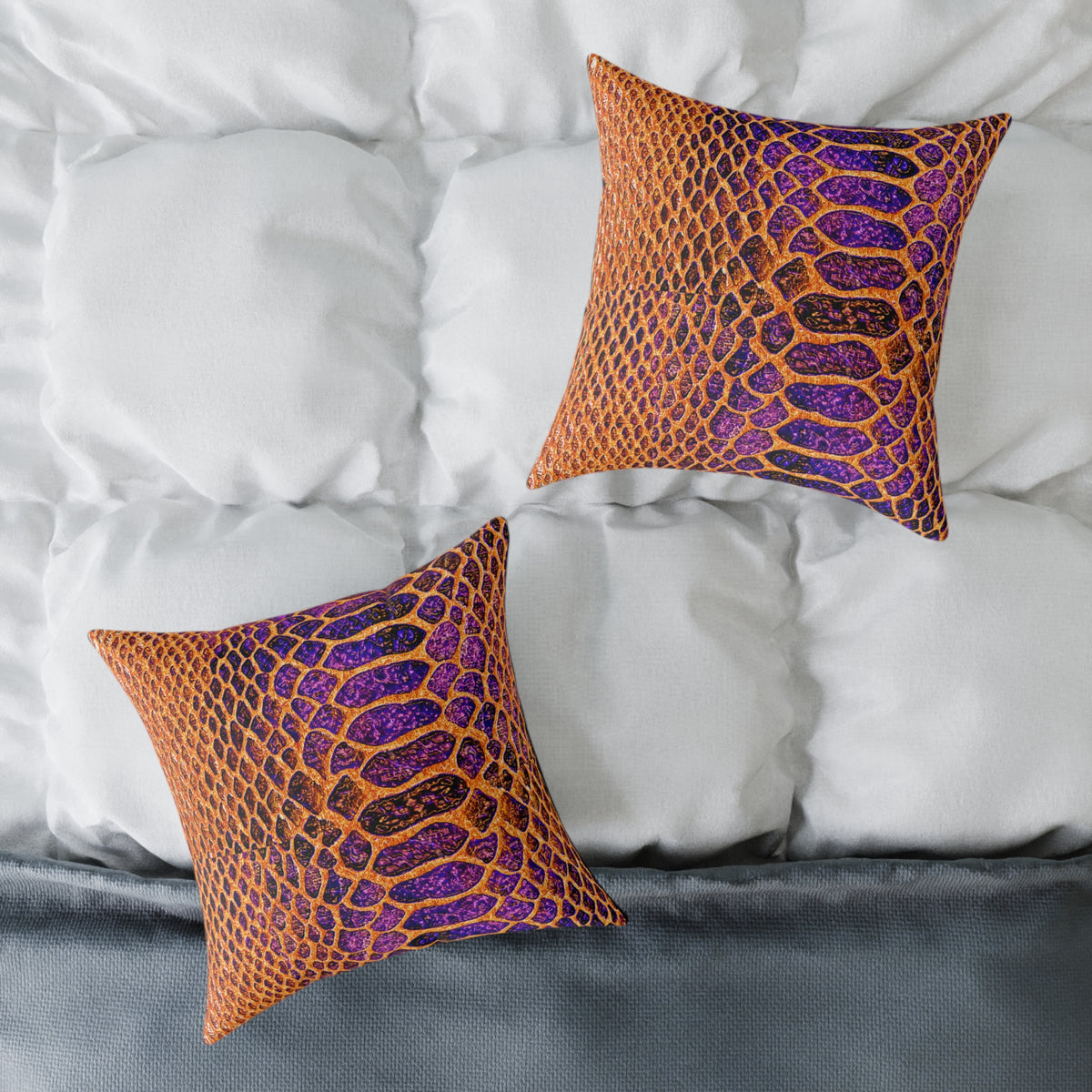 Snake Skin Pattern Square Pillow — Orange & Purple Decorative Throw Cushion
