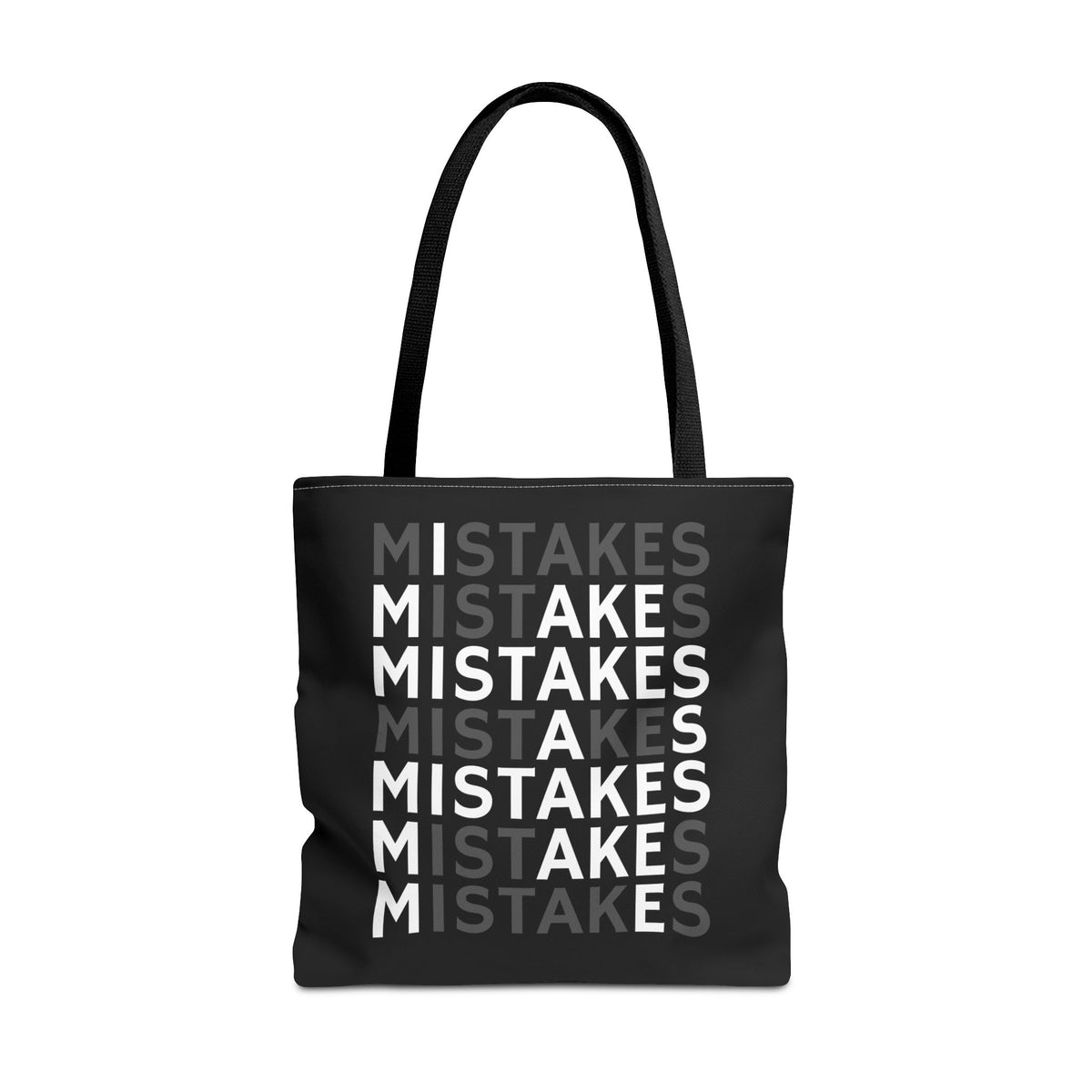 Mistakes Repeat Pattern Tote Bag — Black Typography Shopper