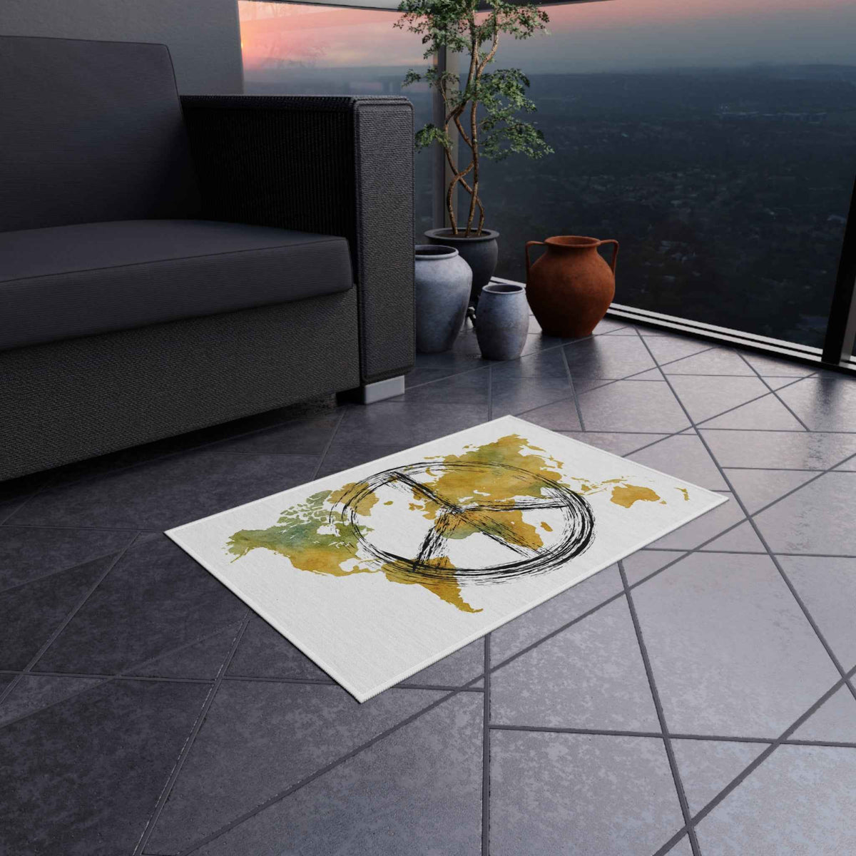 Peace World Map Outdoor Rug — Watercolor Earth & Peace Symbol Doormat