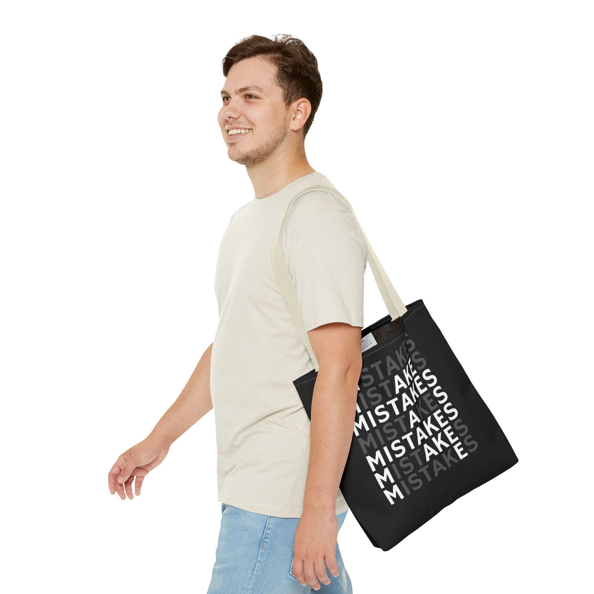 Mistakes Repeat Pattern Tote Bag — Black Typography Shopper