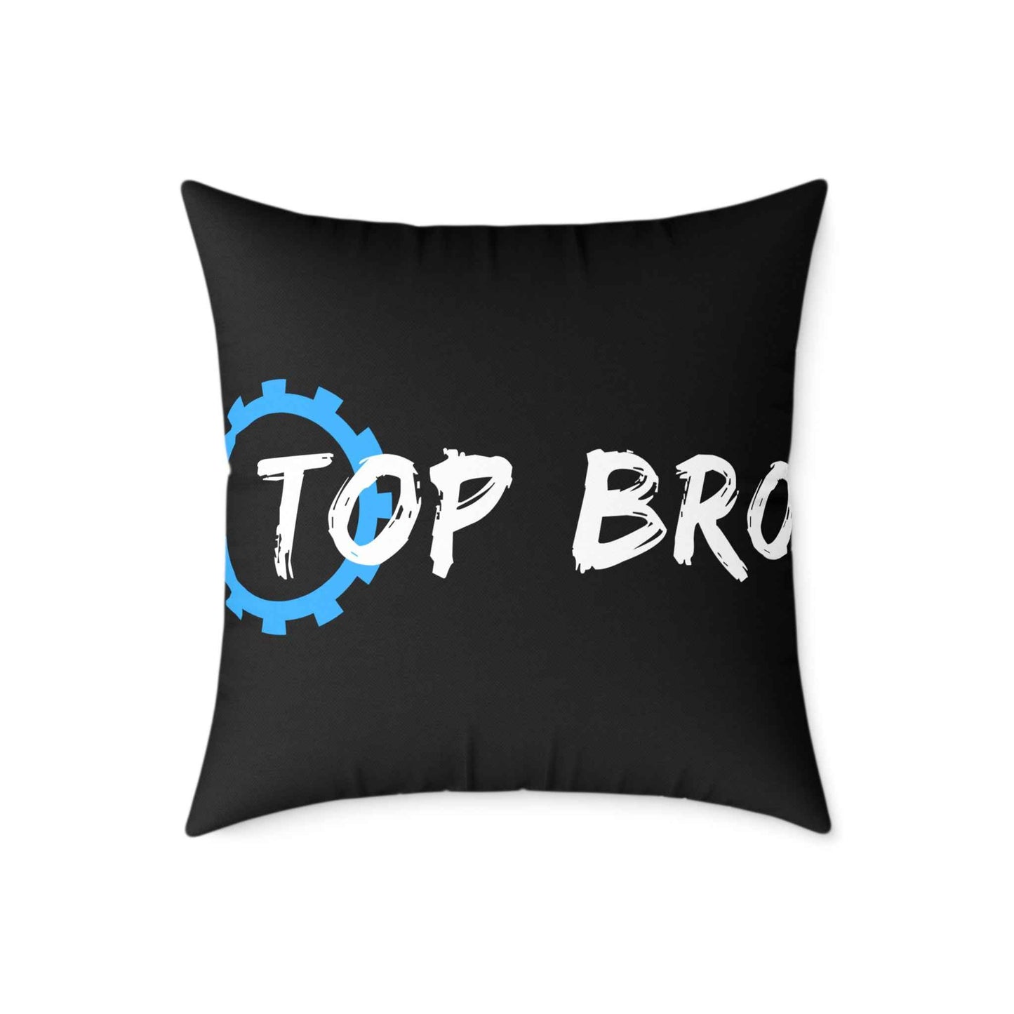 Top Bro Square Throw Pillow - Black Canvas Accent Cushion with Gear Logo