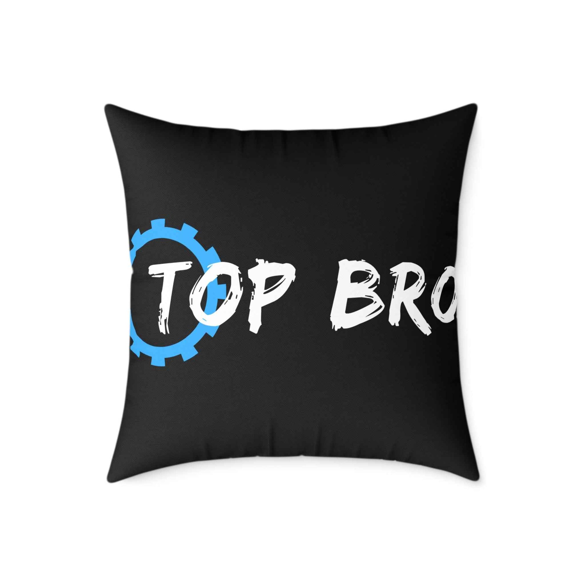 Top Bro Square Throw Pillow - Black Canvas Accent Cushion with Gear Logo