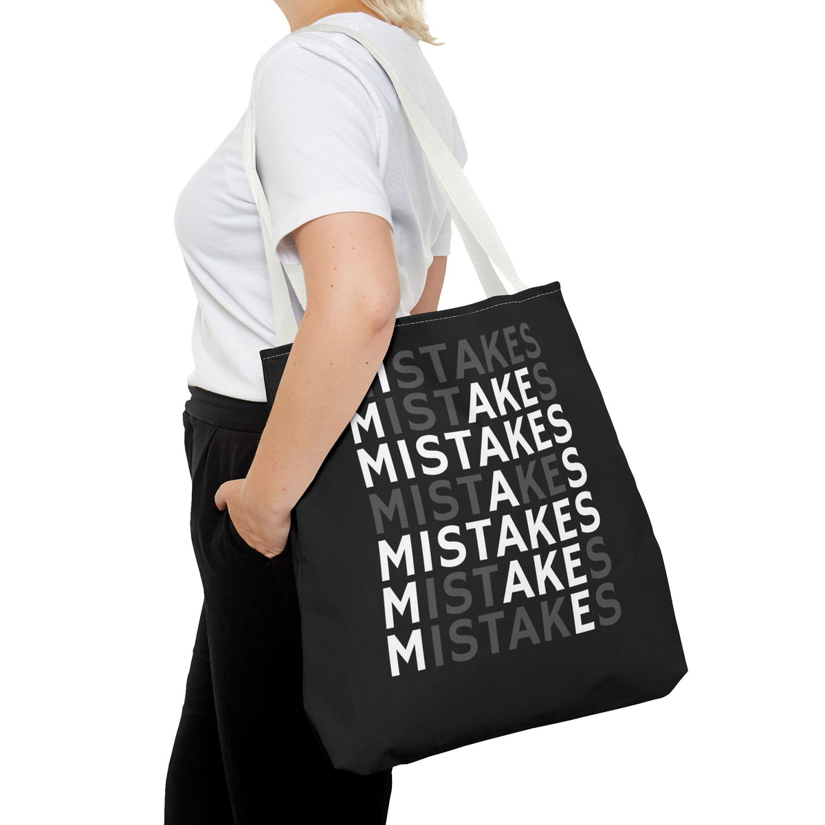 Mistakes Repeat Pattern Tote Bag — Black Typography Shopper
