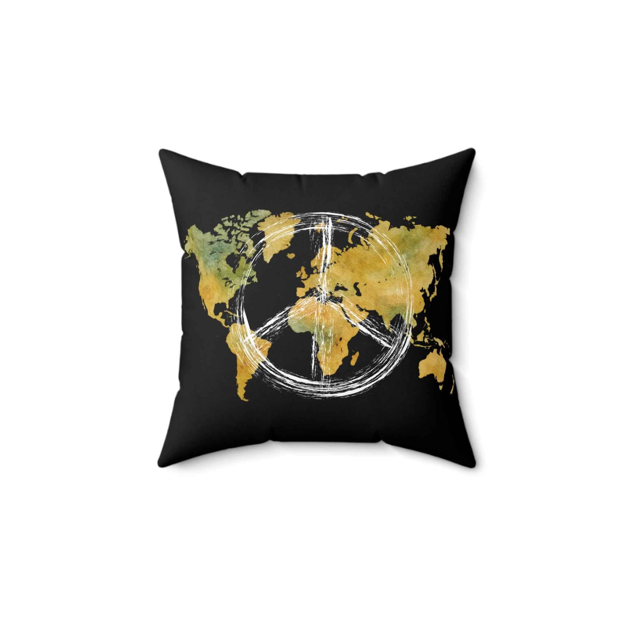 Peace Sign World Map Throw Pillow Earth Toned Decorative Cushion