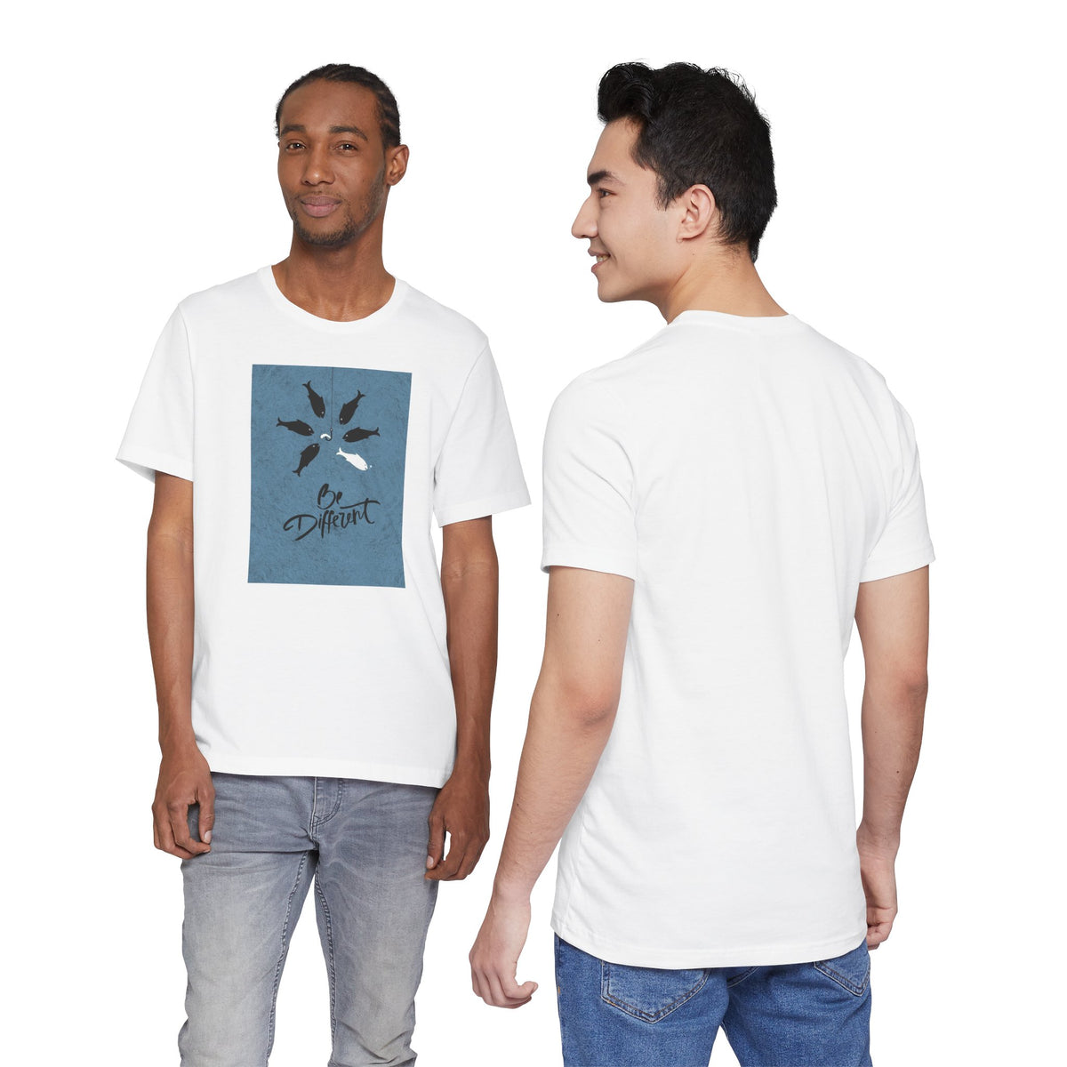 Be Different T-Shirt — Whale Graphic Tee (White on Blue)