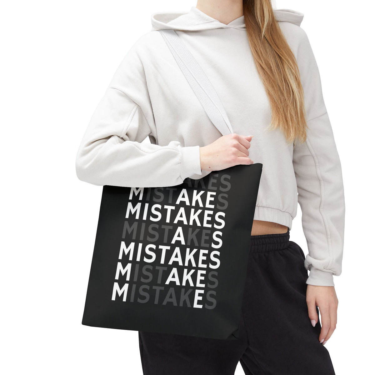 Mistakes Repeat Pattern Tote Bag — Black Typography Shopper