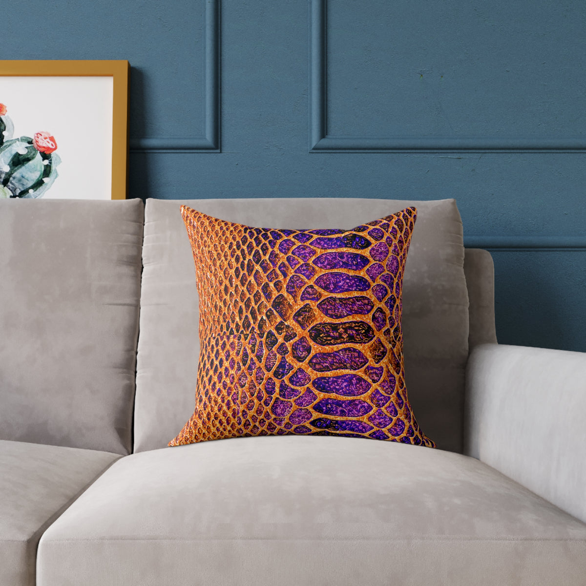 Snake Skin Pattern Square Pillow — Orange & Purple Decorative Throw Cushion