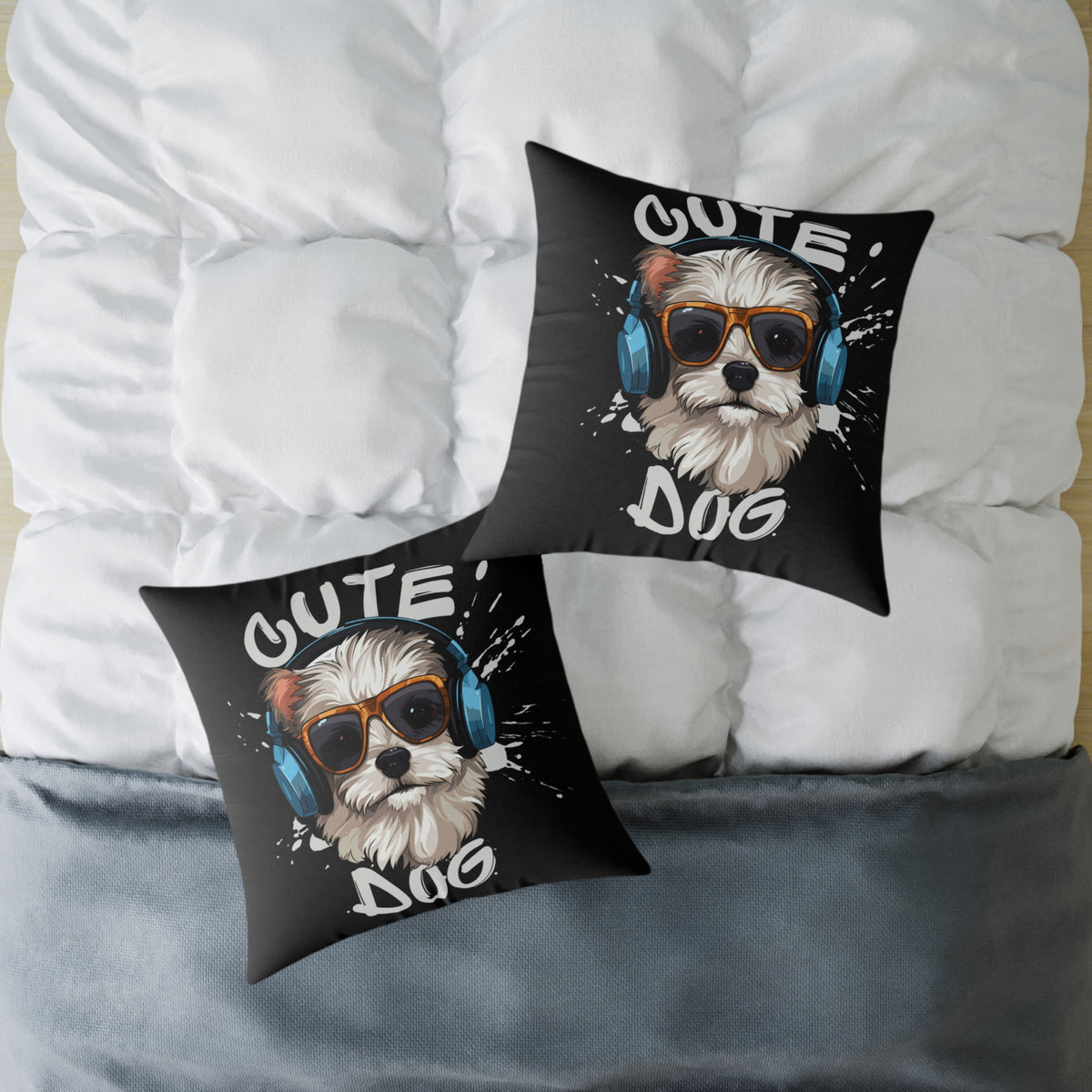Cute Dog Headphones Square Pillow — Cool Sunglasses Pet Decor