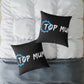 Top Mum Decorative Pillow – Black Square Accent Pillow with Blue Gear Logo
