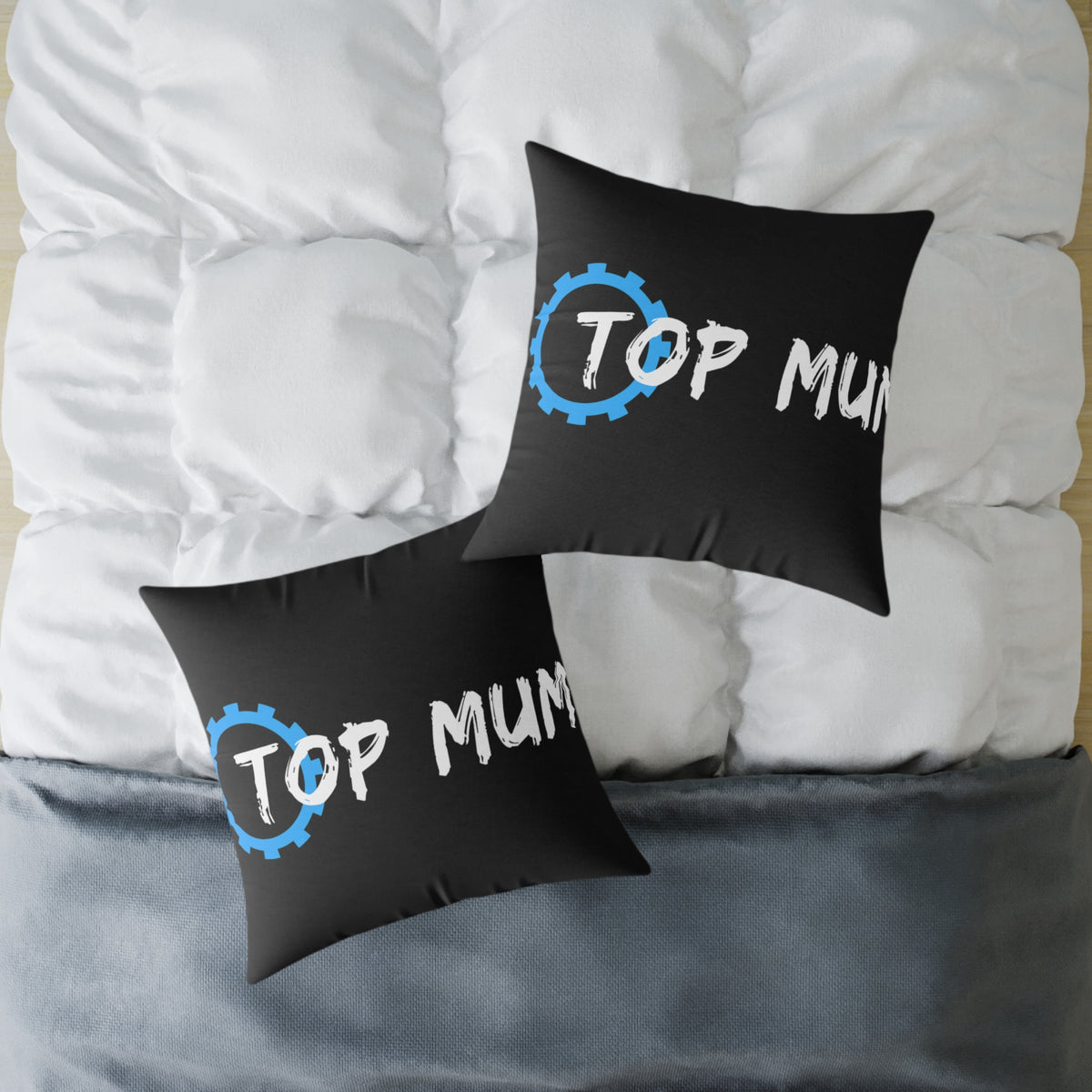 Top Mum Decorative Pillow – Black Square Accent Pillow with Blue Gear Logo
