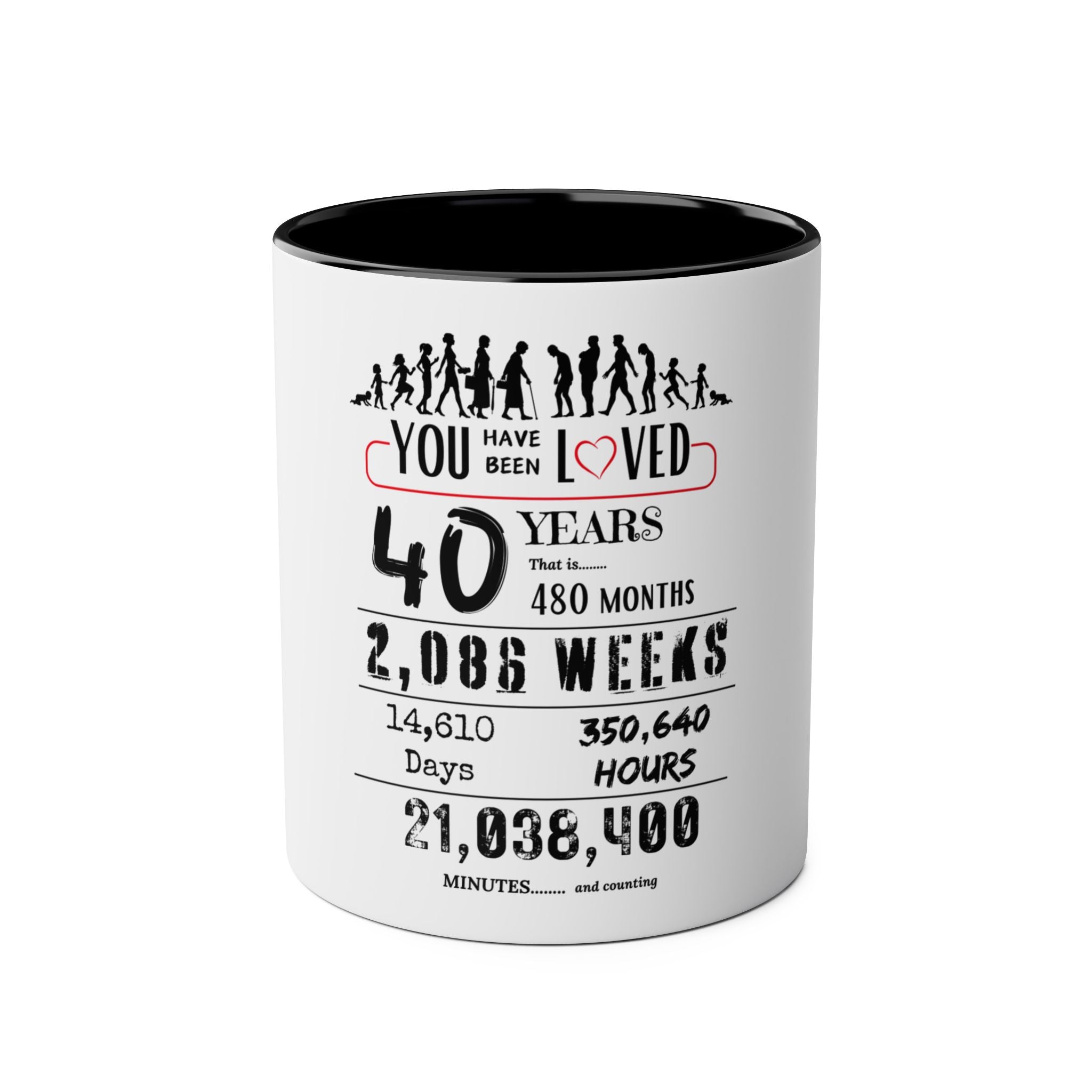 Happy 40th Birthday Gift, Mugs, 2 tone, Boys, Girls, Men, Women, Funny, Age, Facts, Years, Months, Weeks, Days, Hours, Minutes