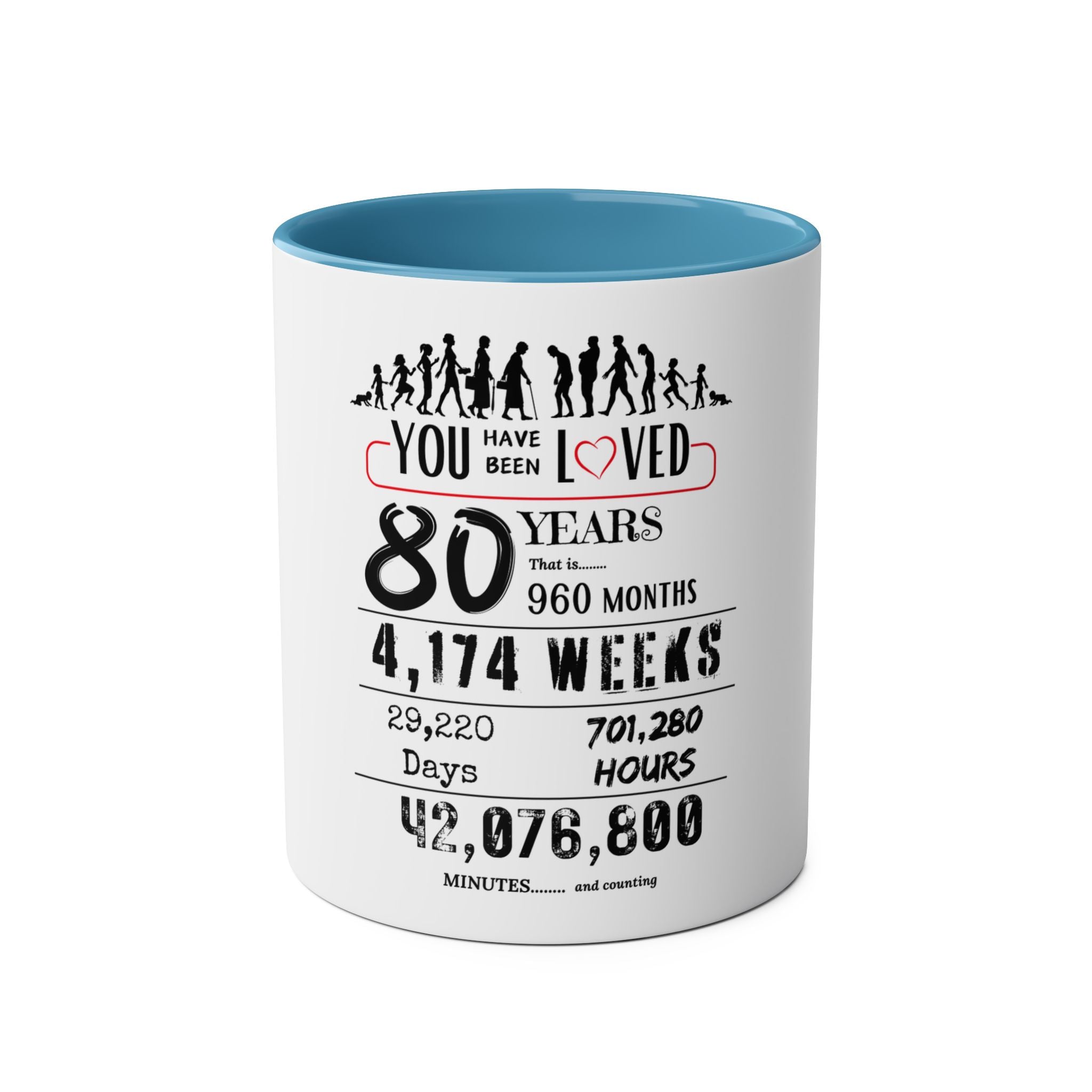 Happy 80th Birthday Gift, Mugs, 2 tone, Boys, Girls, Men, Women, Funny, Age, Facts, Years, Months, Weeks, Days, Hours, Minutes