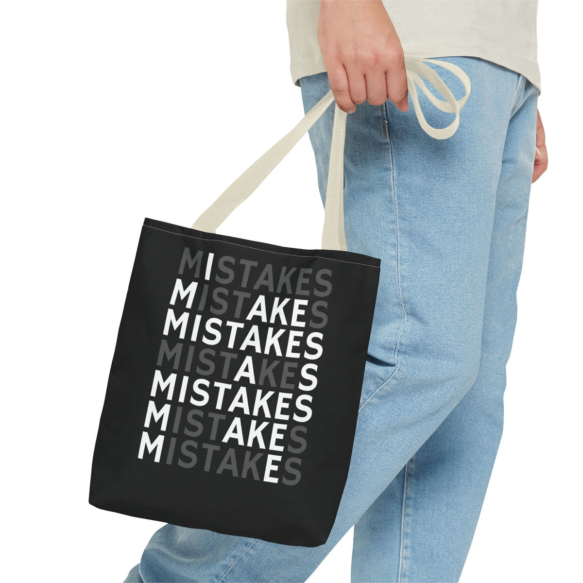 Mistakes Repeat Pattern Tote Bag — Black Typography Shopper