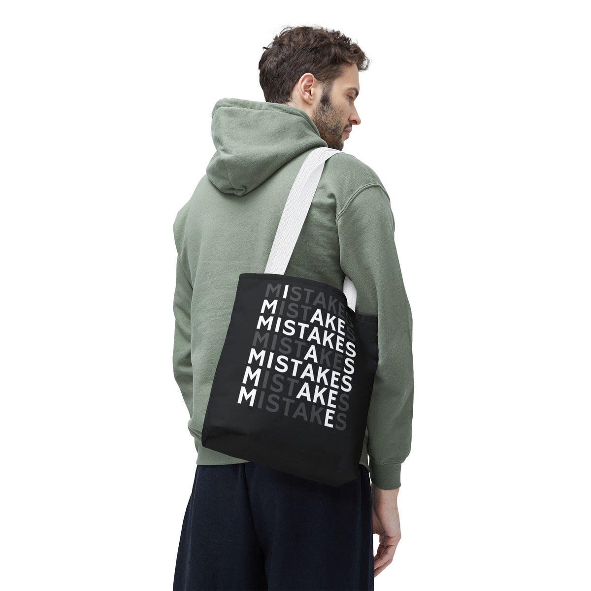 Mistakes Repeat Pattern Tote Bag — Black Typography Shopper
