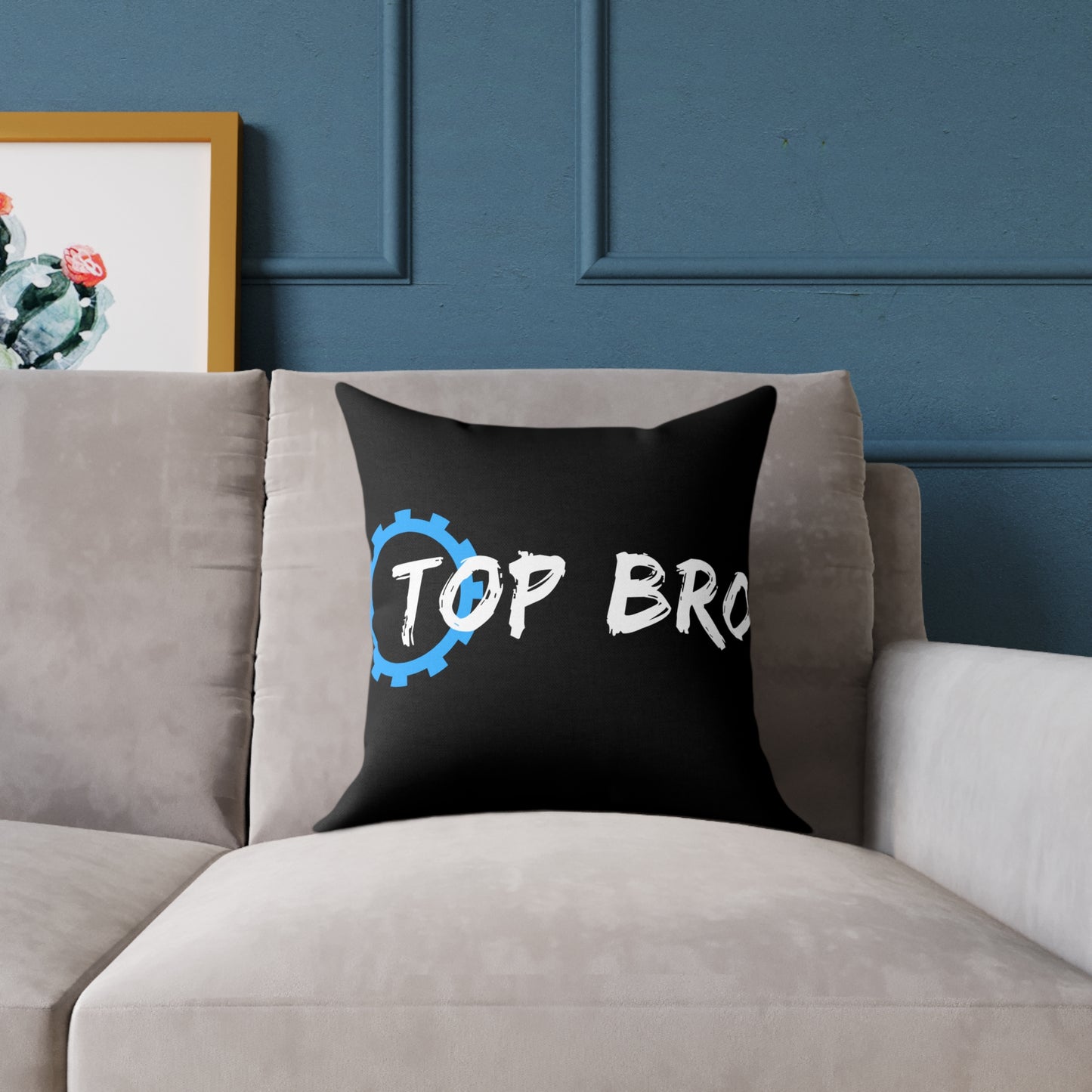 Top Bro Square Throw Pillow - Black Canvas Accent Cushion with Gear Logo