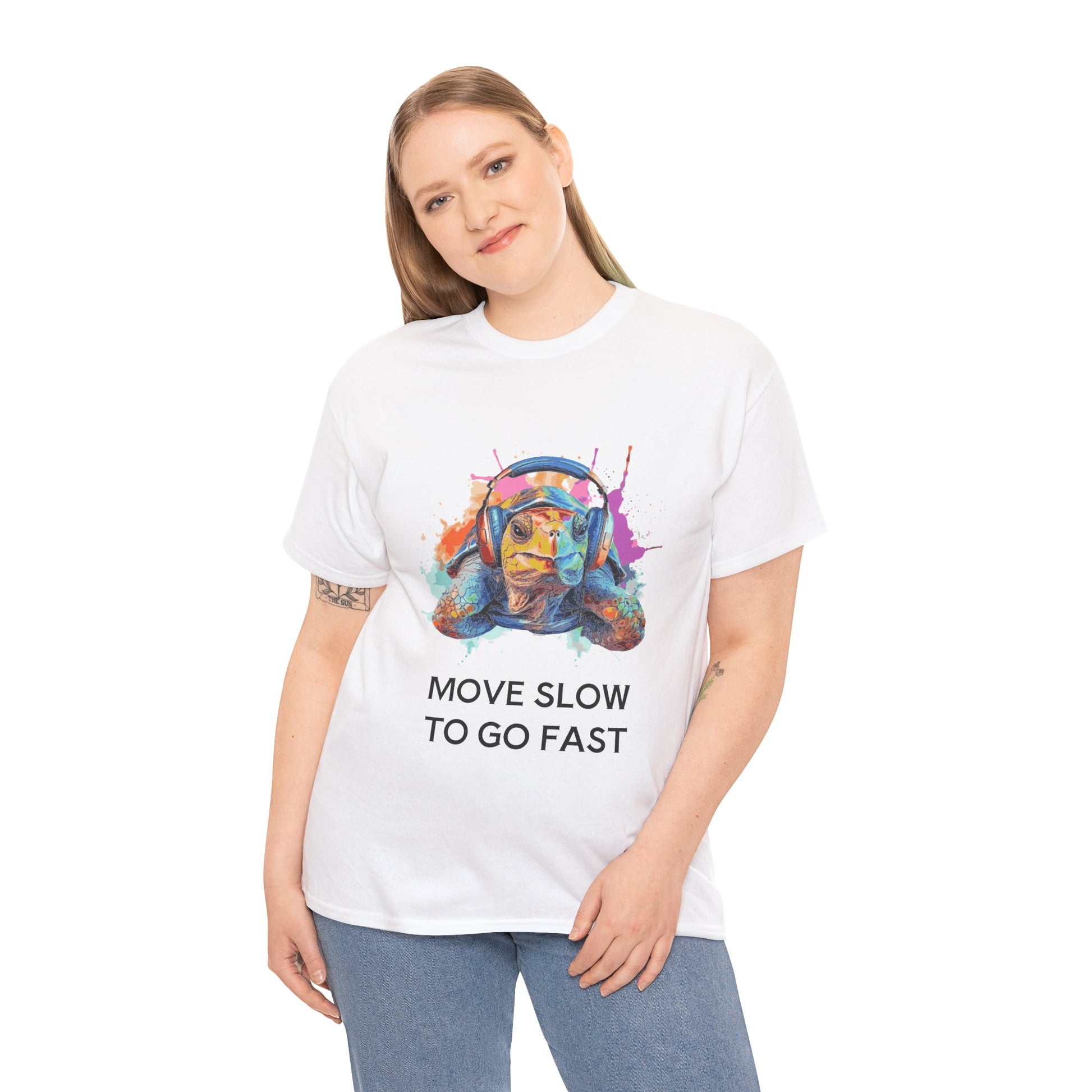T-Shirt Colorful Turtle with Headphones | 'Sometimes it's best to go Slow to go Fast' - Conscience Garment
