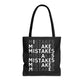 Mistakes Repeat Pattern Tote Bag — Black Typography Shopper
