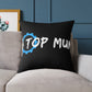 Top Mum Decorative Pillow – Black Square Accent Pillow with Blue Gear Logo