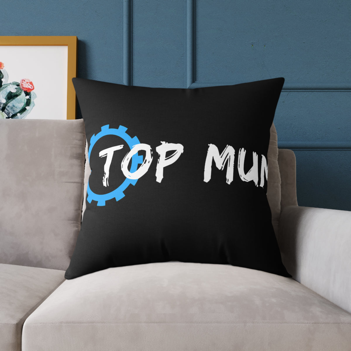 Top Mum Decorative Pillow – Black Square Accent Pillow with Blue Gear Logo
